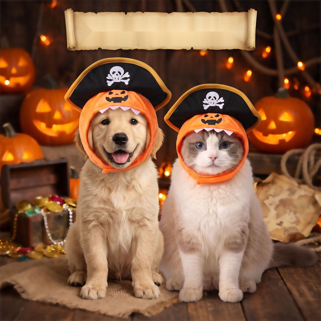 Pirate Pumpkin Pet Costume Hood, Double Layer Skull Hat for Small Dogs and Cats Halloween
