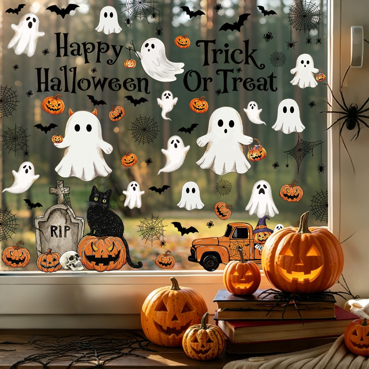 Halloween Cute Cartoon Window Clings, Ghost Pumpkin Bat Black Cat PVC Glass Stickers