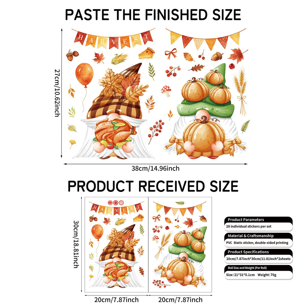 Fall Thanksgiving Static Window Stickers, Gnome Turkey Pumpkin Maple Leaf No Glue Glass Decals For Storefronts