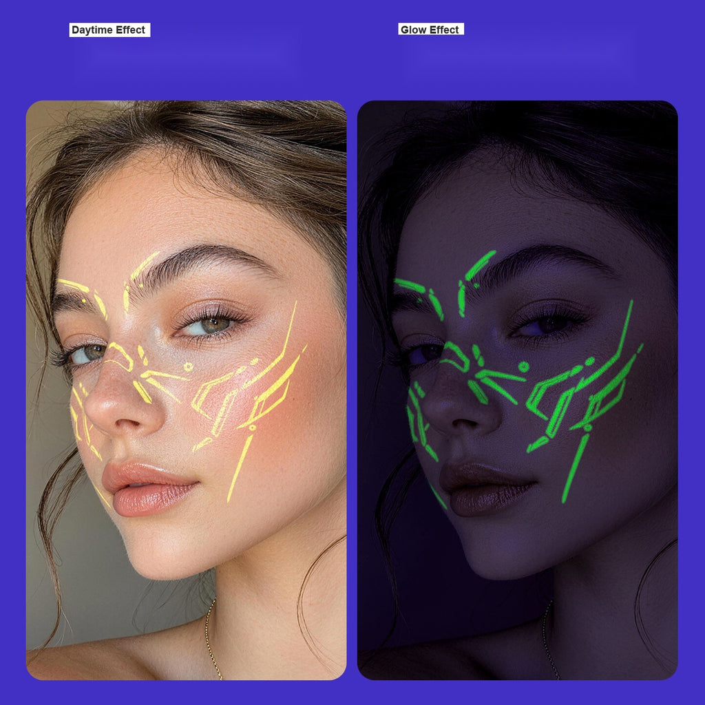 Halloween Glow In The Dark Face Tattoos 3 Colors, Fluorescent Lightning Full Face Stickers For Cosplay Party