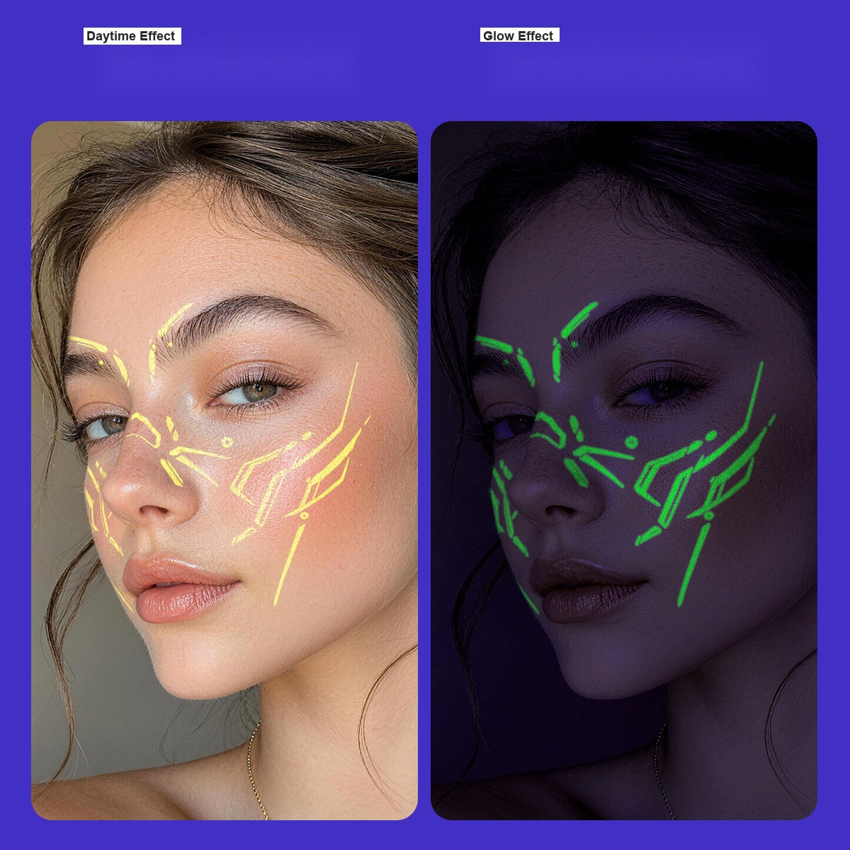 Halloween Glow In The Dark Face Tattoos 3 Colors, Fluorescent Lightning Full Face Stickers For Cosplay Party