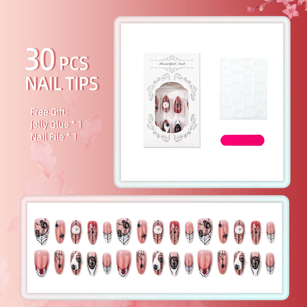 30 Pcs Halloween 3D Spider Press On Nails, Blood Drop Web French False Nails