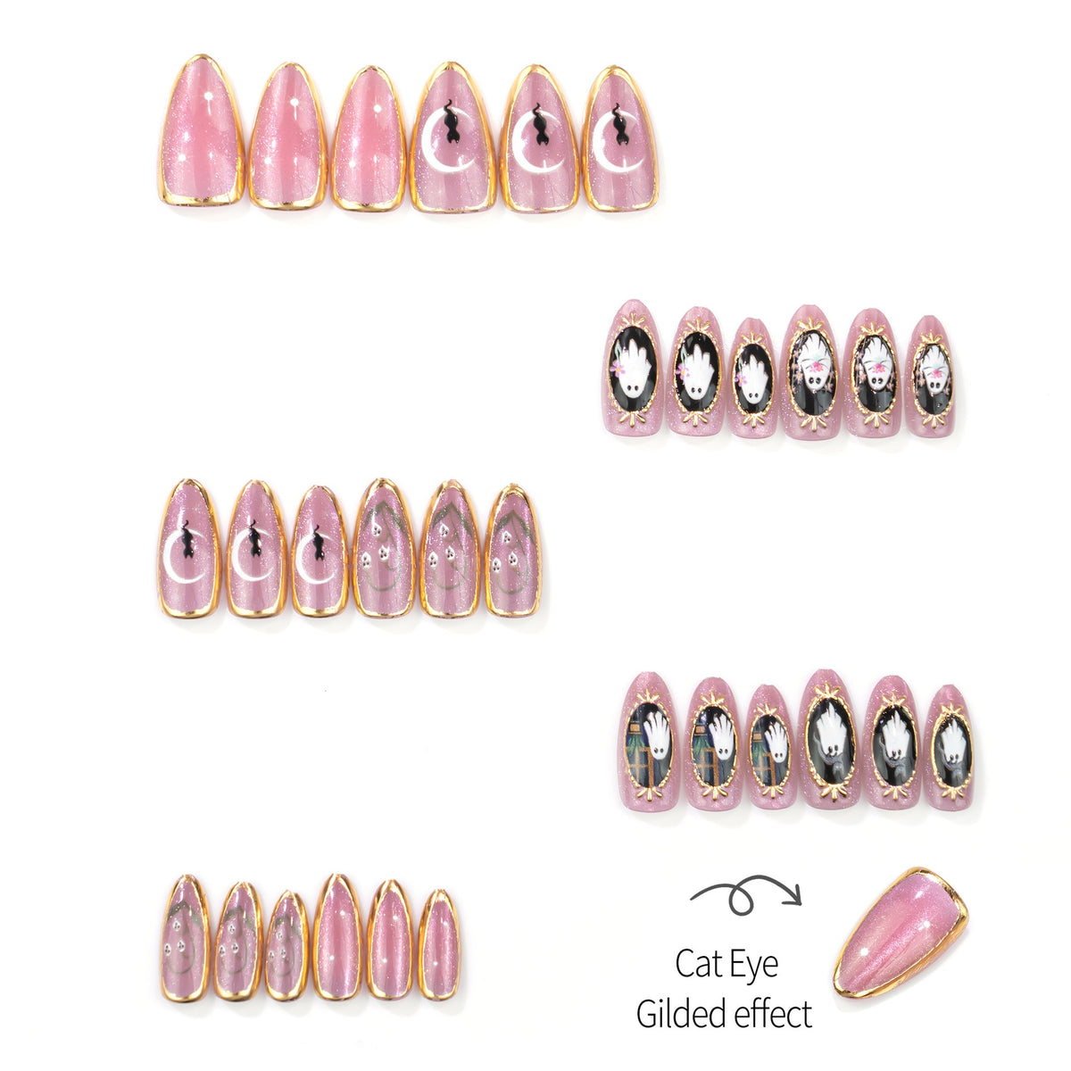 Halloween Purple Cat Eye Press On Nails, Ghost Sparkle Glitter False Nails