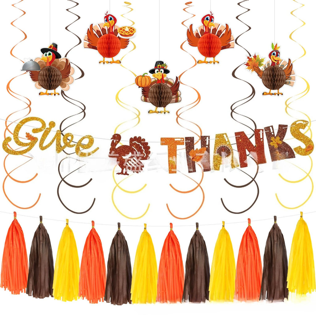 Thanksgiving Party Decoration Kit Banner Bunting Balloons Turkey Honeycomb Tabletop Decor Set