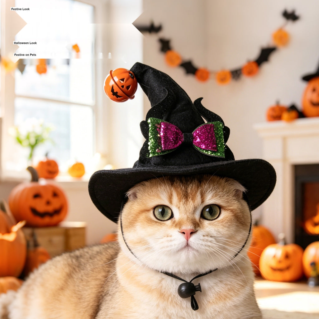 Halloween Pet Curved Horn Hat with Bell, Bow Decor for Dogs and Cats