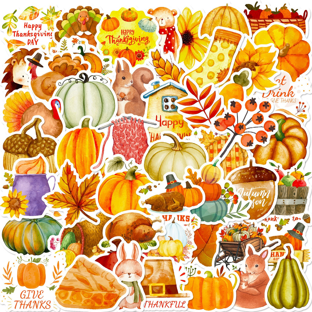 50 Pack Thanksgiving Stickers, Pumpkin Turkey Maple Leaf Autumn Holiday Decals