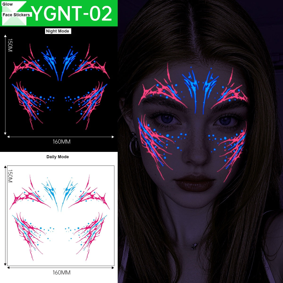 Halloween Glow In The Dark Face Tattoos 3 Colors, Fluorescent Lightning Full Face Stickers For Cosplay Party