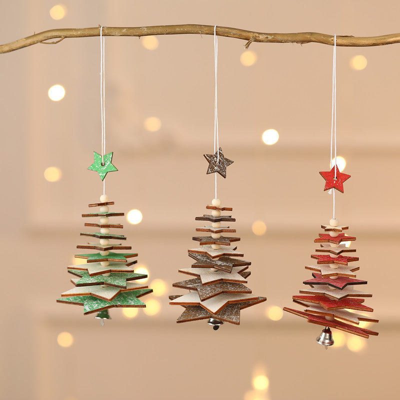 Wooden Star Snowflake Christmas Tree Ornaments with Bells, Creative 3D Hanging Decorations