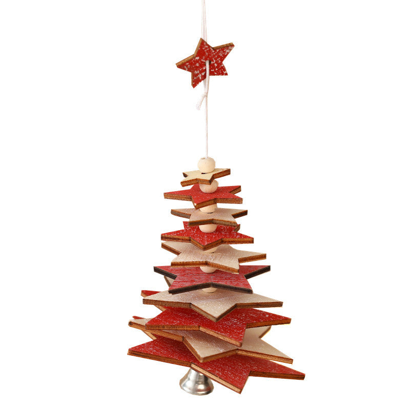 Wooden Star Snowflake Christmas Tree Ornaments with Bells, Creative 3D Hanging Decorations