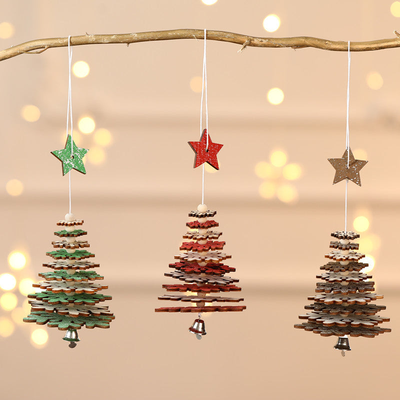 Wooden Star Snowflake Christmas Tree Ornaments with Bells, Creative 3D Hanging Decorations