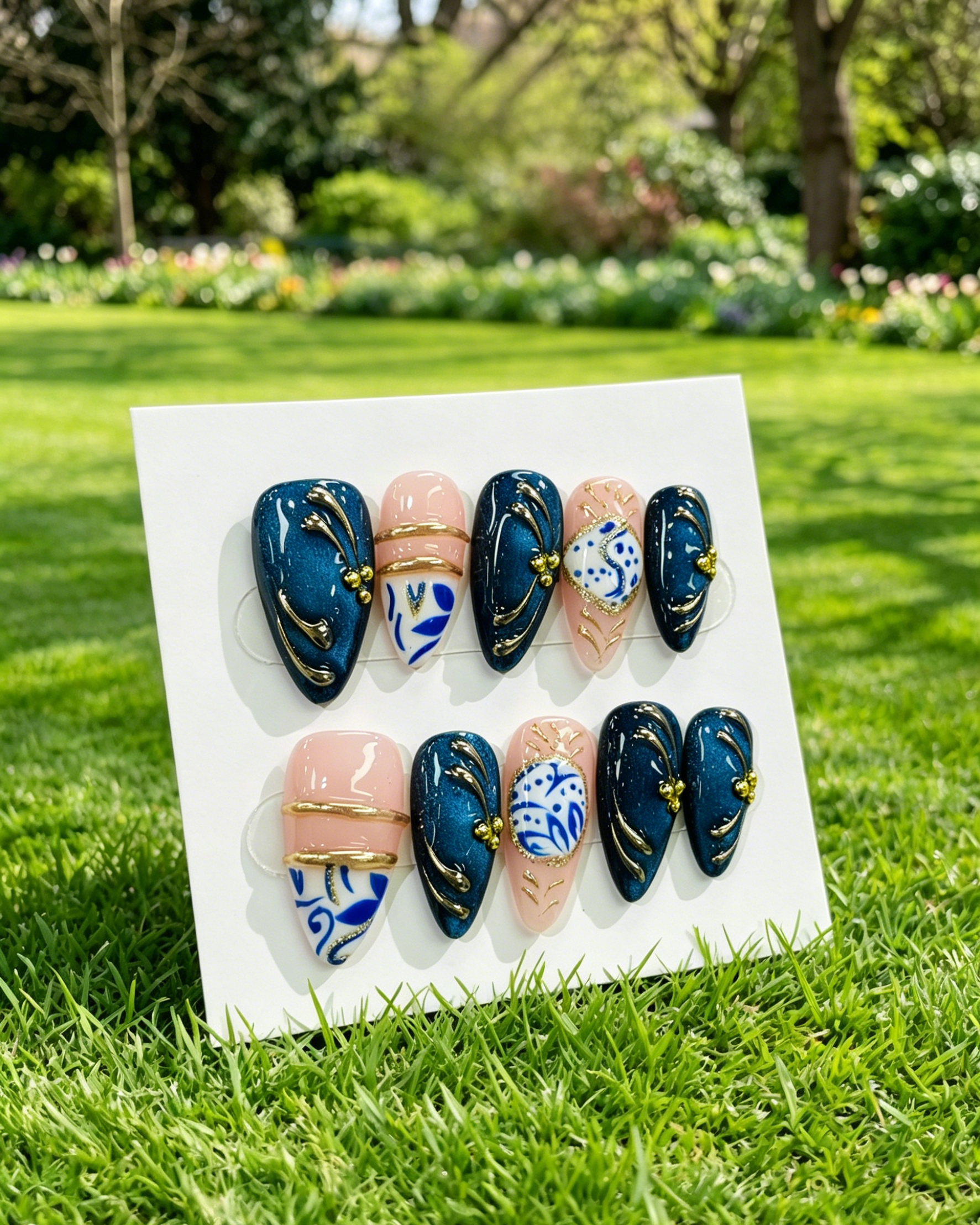 Blue Gold Handmade Press On Nails