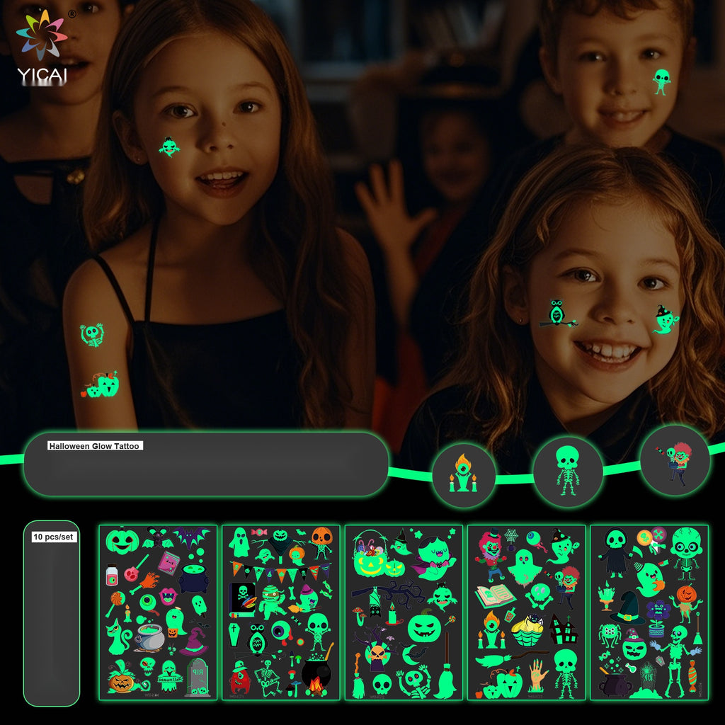 Halloween Glow in the Dark Cartoon Face Tattoos, Waterproof Fluorescent Green Kids Stickers