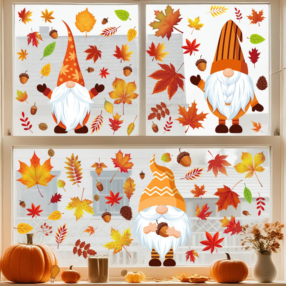 Thanksgiving Turkey Maple Leaf Gnome Window Clings Static Glass Stickers Holiday Storefront Decor