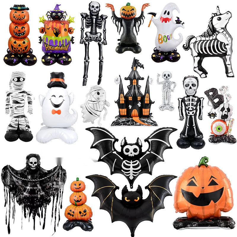 4D Halloween Foil Balloon Stands Set, Ghost Tree Skull Pumpkin Standing Balloon Decorations