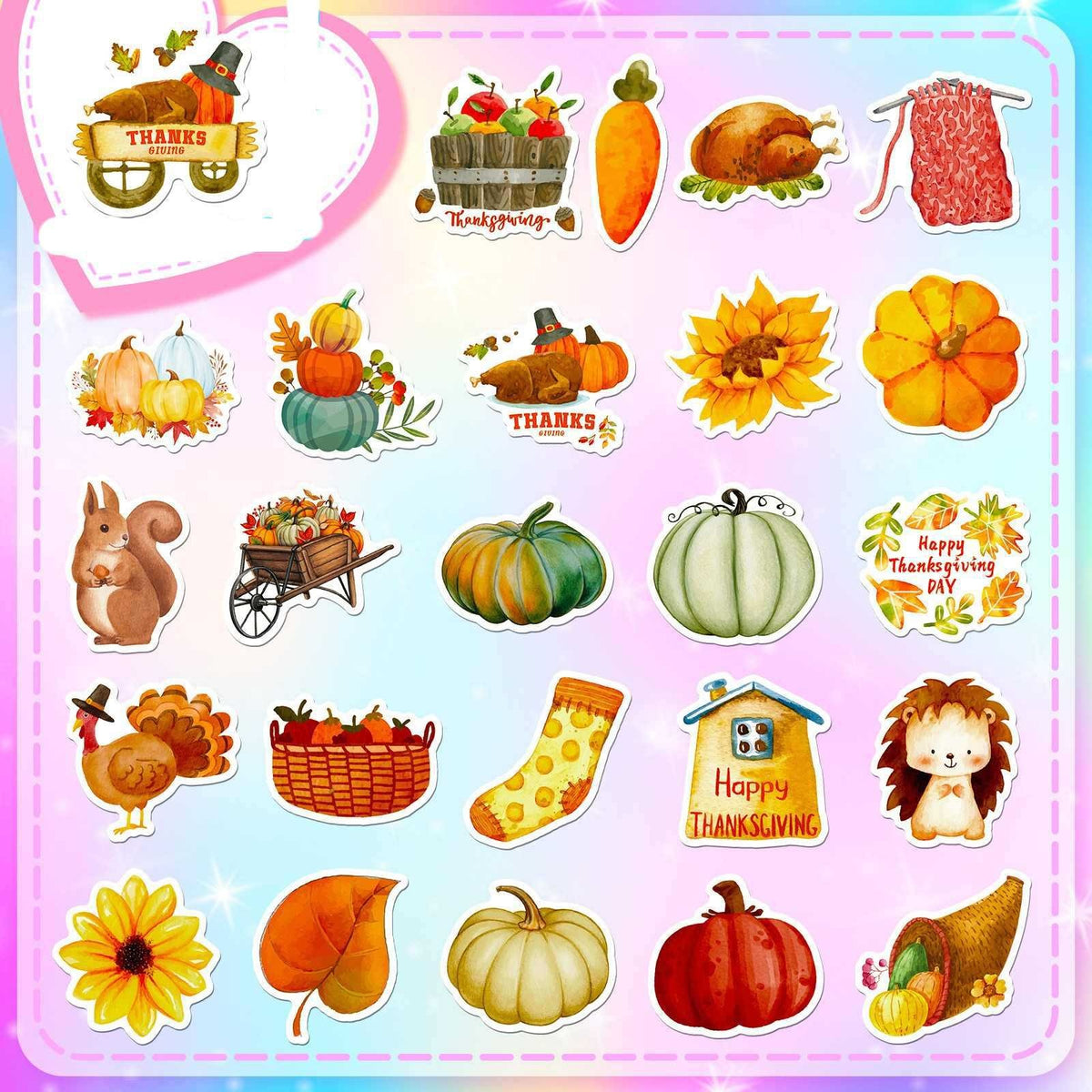 50 Pack Thanksgiving Stickers, Pumpkin Turkey Maple Leaf Autumn Holiday Decals