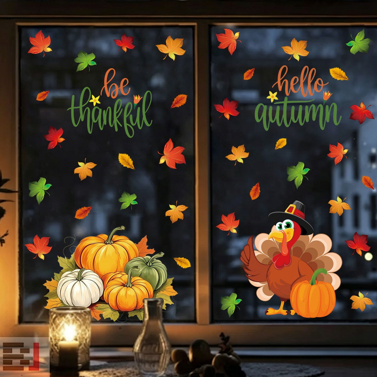 Thanksgiving Window Clings Pumpkin Maple Leaf Turkey Static No Residue Glass Stickers
