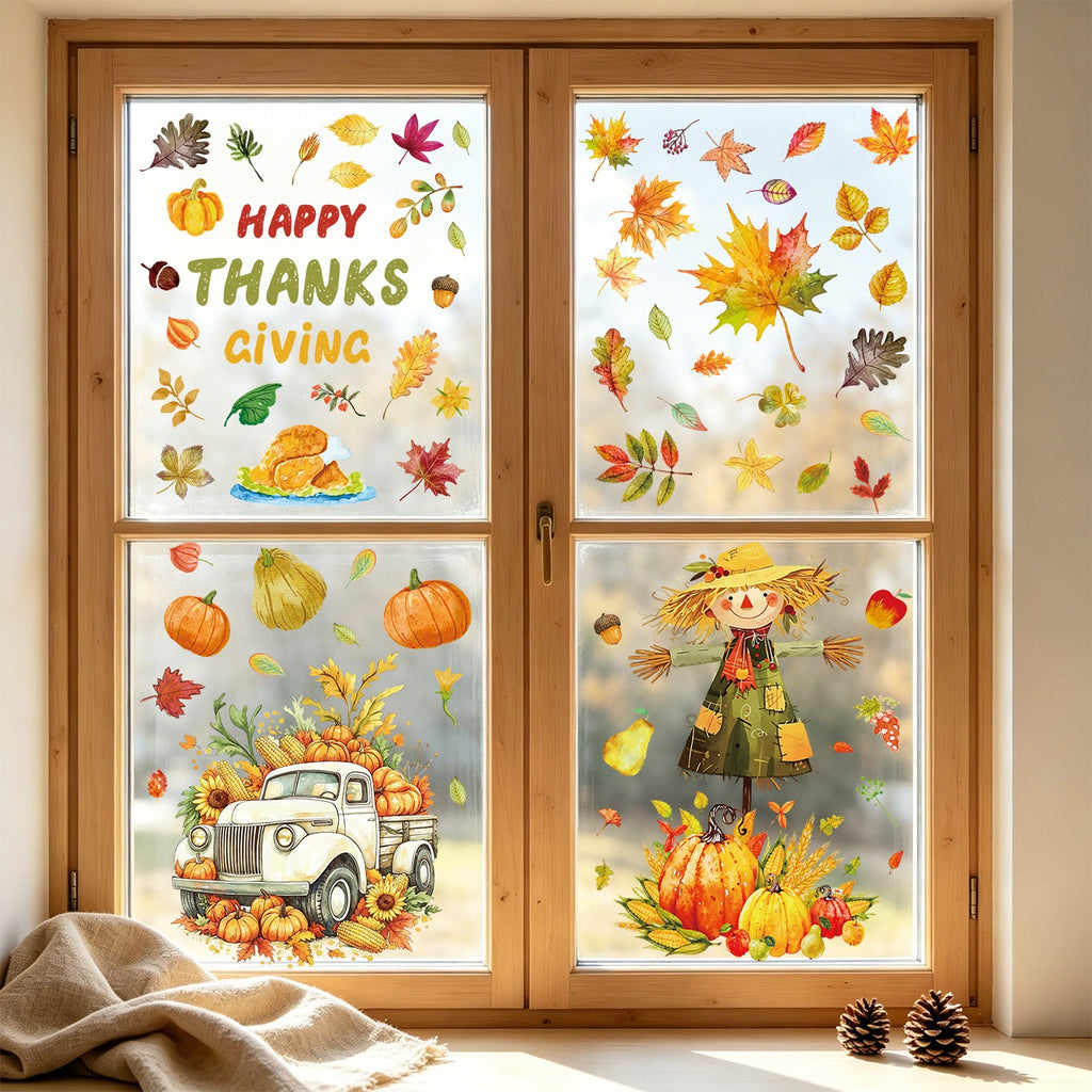 Thanksgiving Harvest Window Stickers, Maple Leaf Turkey Pumpkin Scarecrow Removable Static Cling