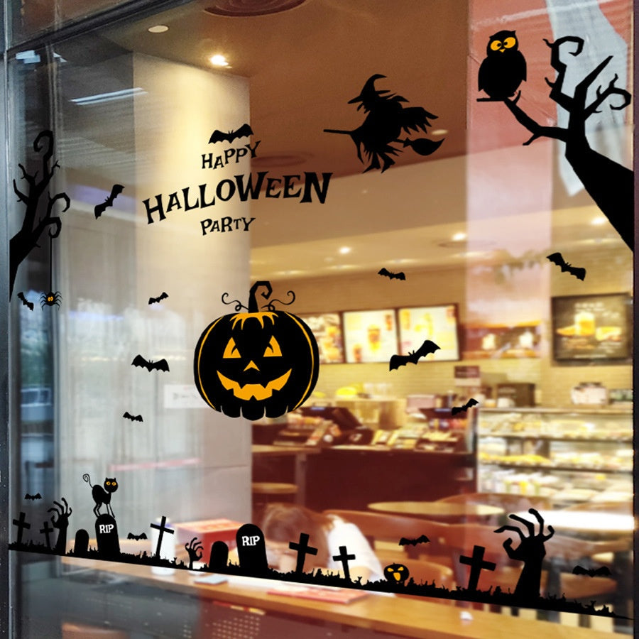 Halloween Pumpkin Head Witch Static Cling Wall Stickers, Removable Glass Decals For Storefront Windows