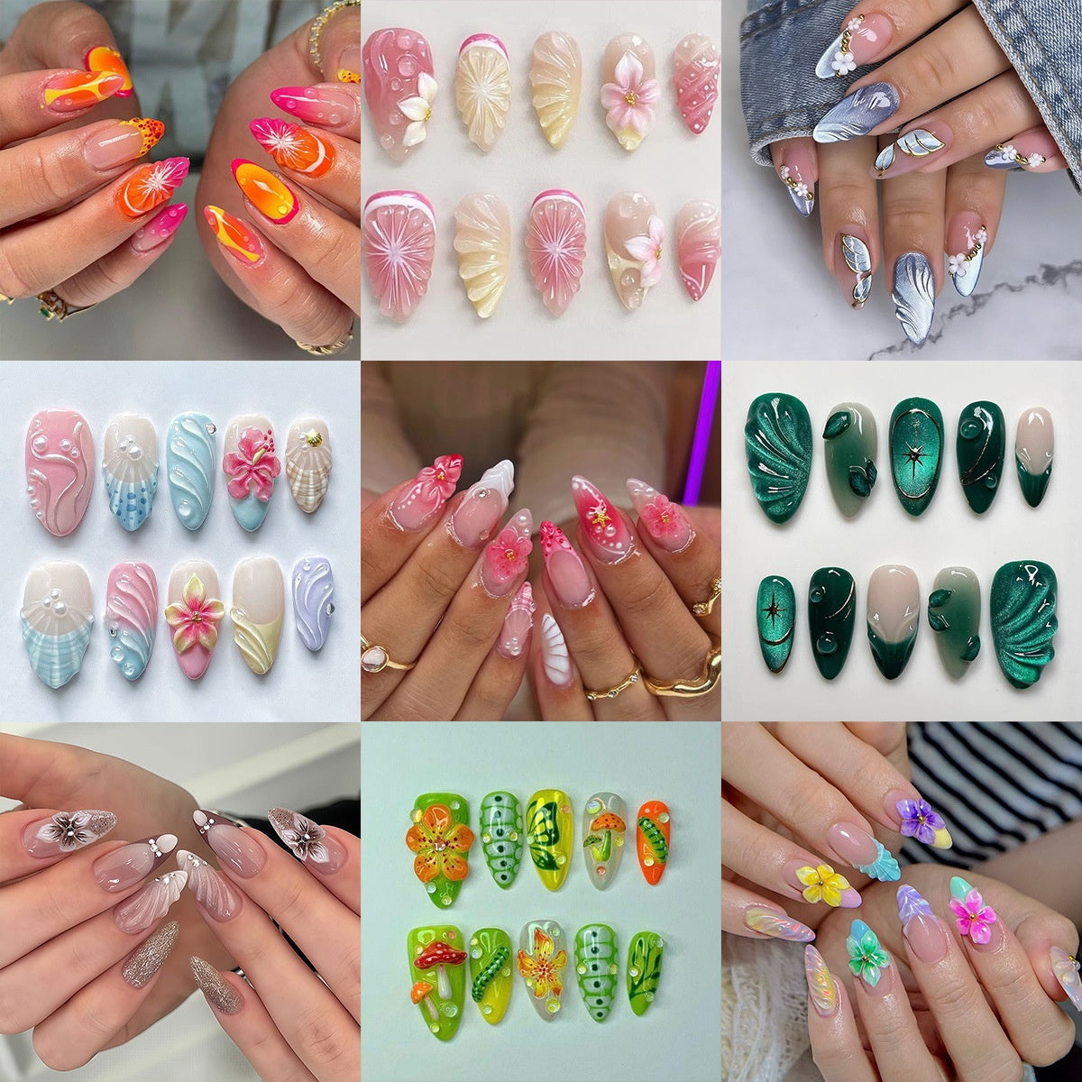 3D Resin Press On Nails, Raised Floral Gradient False Nails with Glossy Finish