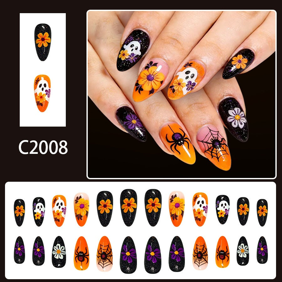 Medium Shiny Almond Halloween Press On Nails 24 Pcs, Orange Ghost Spider Web Flower Pattern False Nails