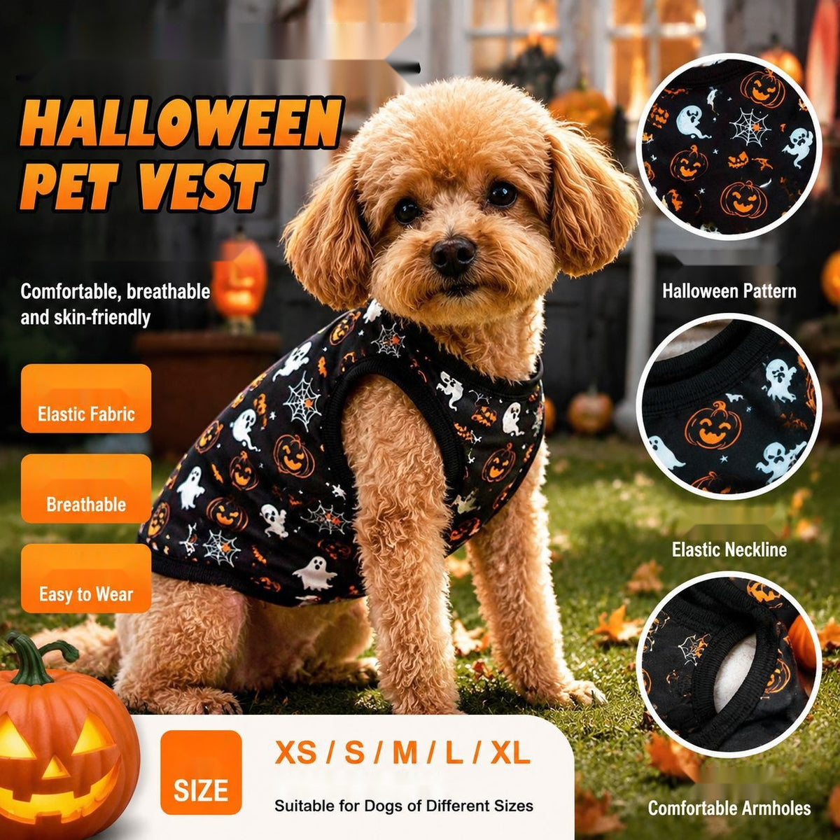 Pumpkin Vest Pet Clothes, Christmas Halloween Outfit for Dogs Cats Spring Summer Style