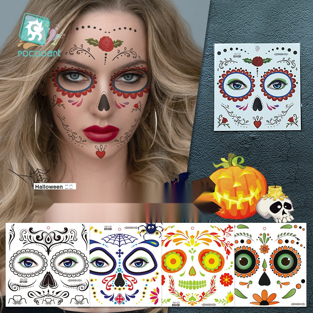 Halloween Day Of The Dead Flower Face Tattoo Stickers, Sugar Skull Party Makeup Face Decals