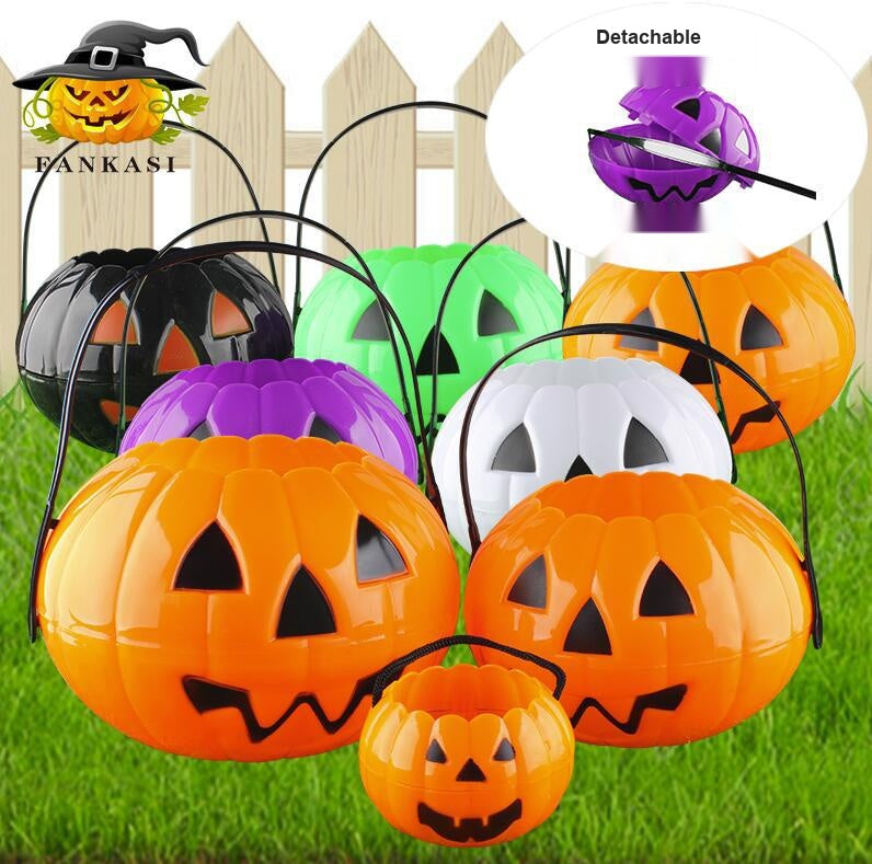 Halloween Foldable Pumpkin Candy Buckets, Two Piece Snap Together PP Trick Or Treat Pails In 3 Sizes