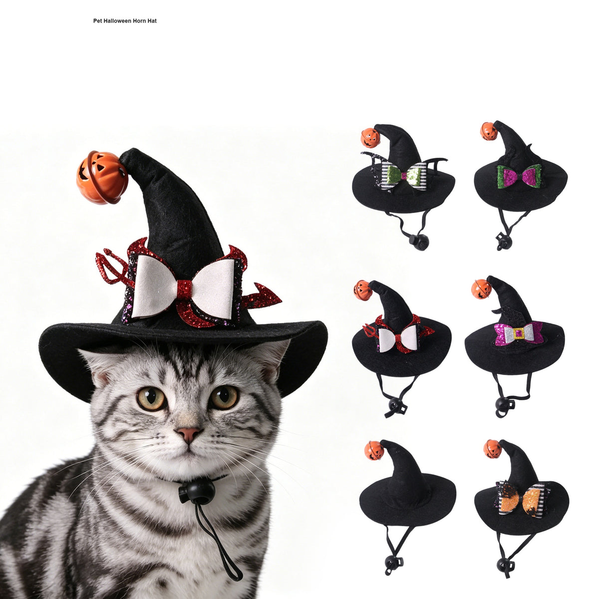 Halloween Pet Curved Horn Hat with Bell, Bow Decor for Dogs and Cats