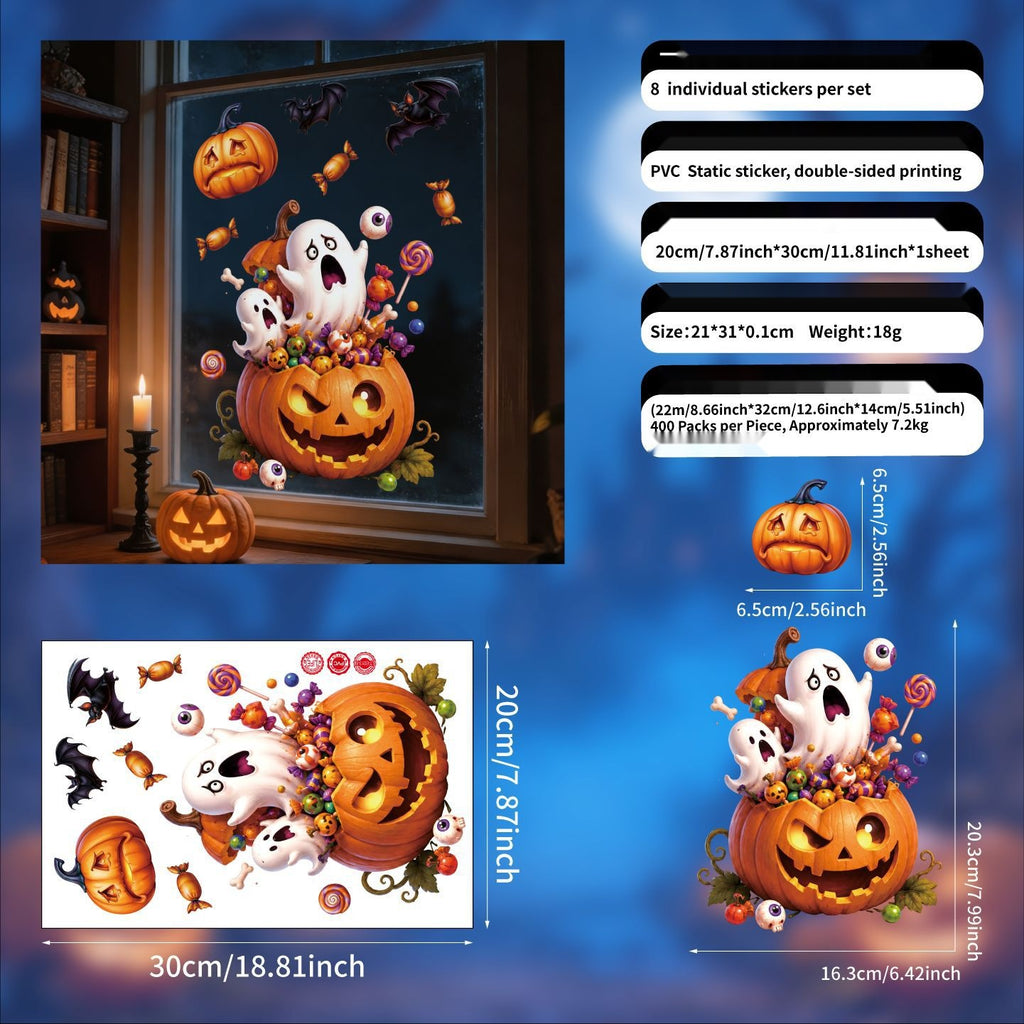 Halloween Pumpkin Lantern Window Clings, Black Cat Ghost Static Glass Decorations