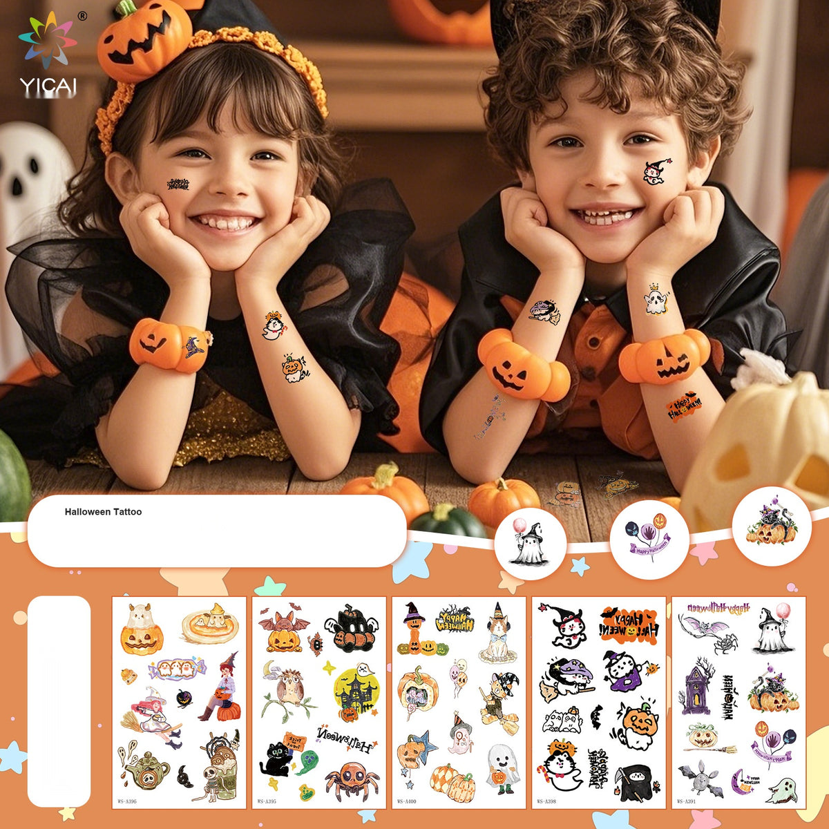 Kids Halloween Temporary Tattoos, Funny Cute Waterproof Sweat Proof Party Tattoo Stickers