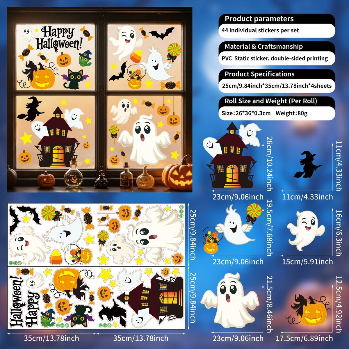 Cute Halloween Ghost Static Window Stickers, Pumpkin Witch Candy Black Cat Glass Decals For Haunted House Decor