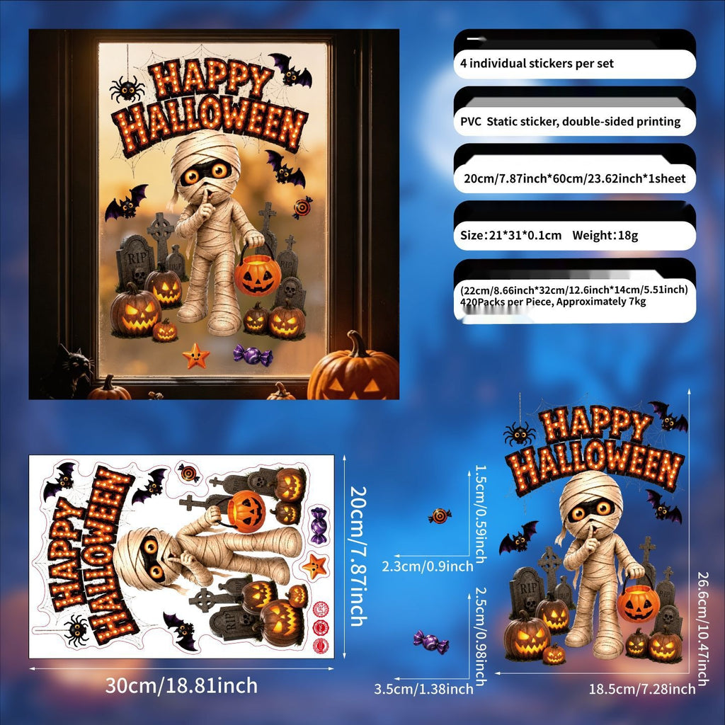 Halloween Static Window Stickers, Pumpkin Ghost Mummy Vampire Cartoon Glass Decals For Storefront Decor