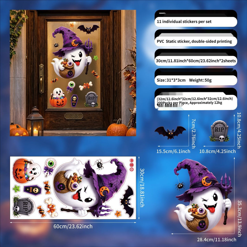 Halloween Cute Ghost Pumpkin Bat Window Clings, No Glue Removable Glass Stickers