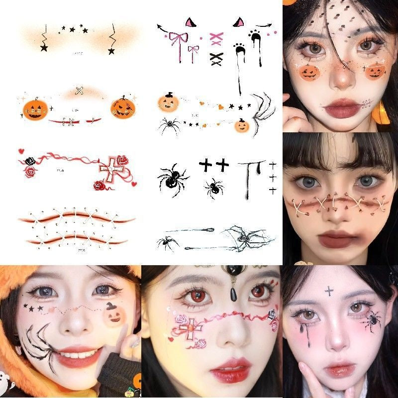 Halloween Face Tattoos Set, Nun Devil Scar Clown Cute Pumpkin Temporary Stickers