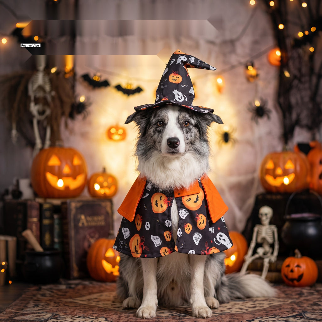 Halloween Pet Costume Set, Pumpkin Cape with Witch Hat for Cats and Dogs