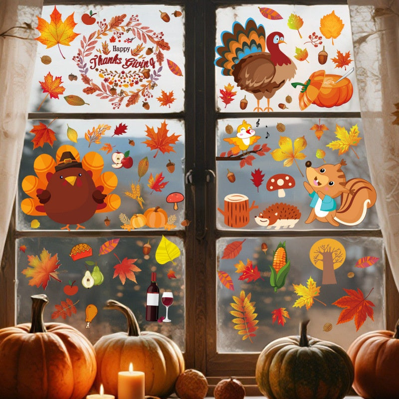 Thanksgiving Fall Maple Leaf Window Clings Turkey Static Glass Stickers Seasonal Decor