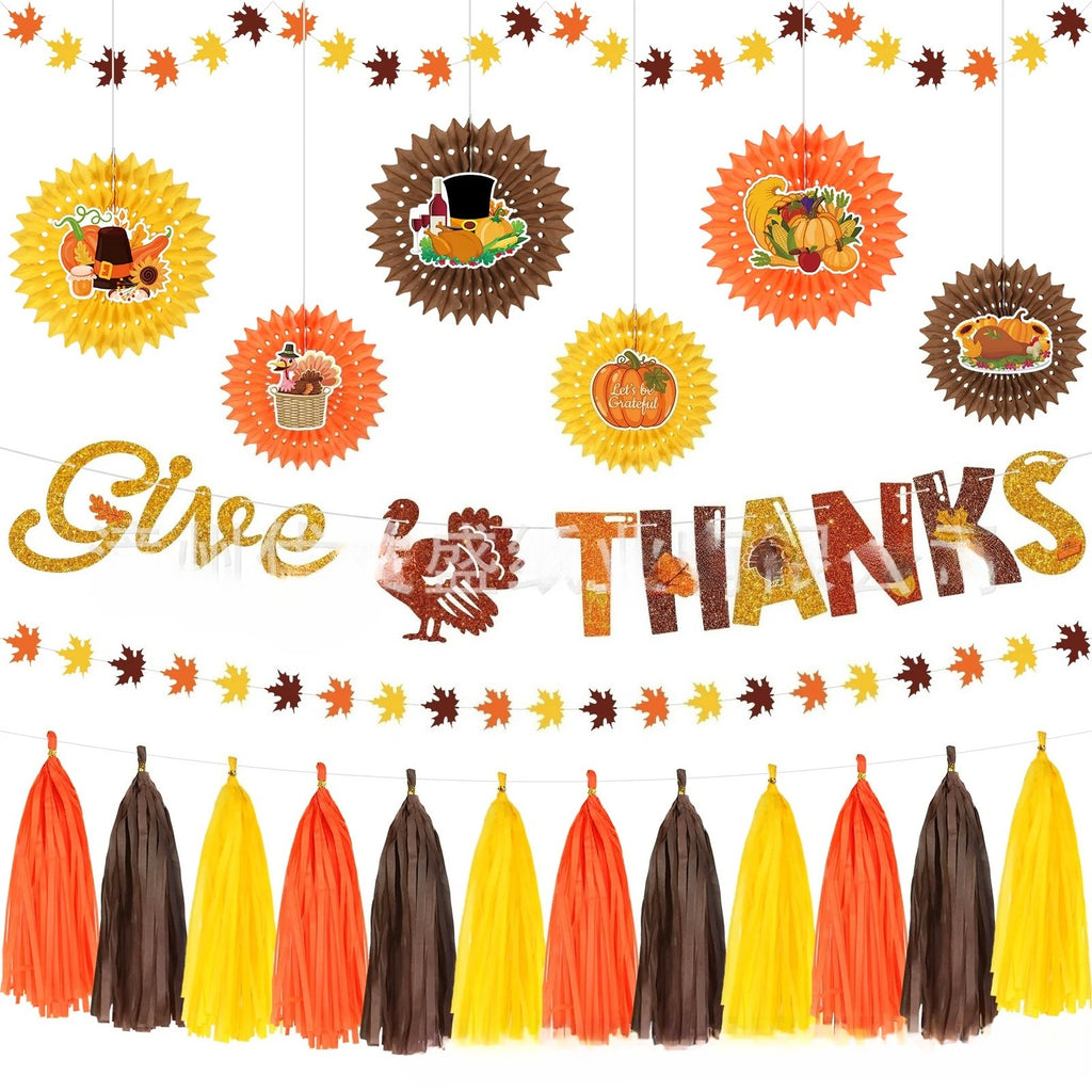 Thanksgiving Party Decoration Kit Banner Bunting Balloons Turkey Honeycomb Tabletop Decor Set