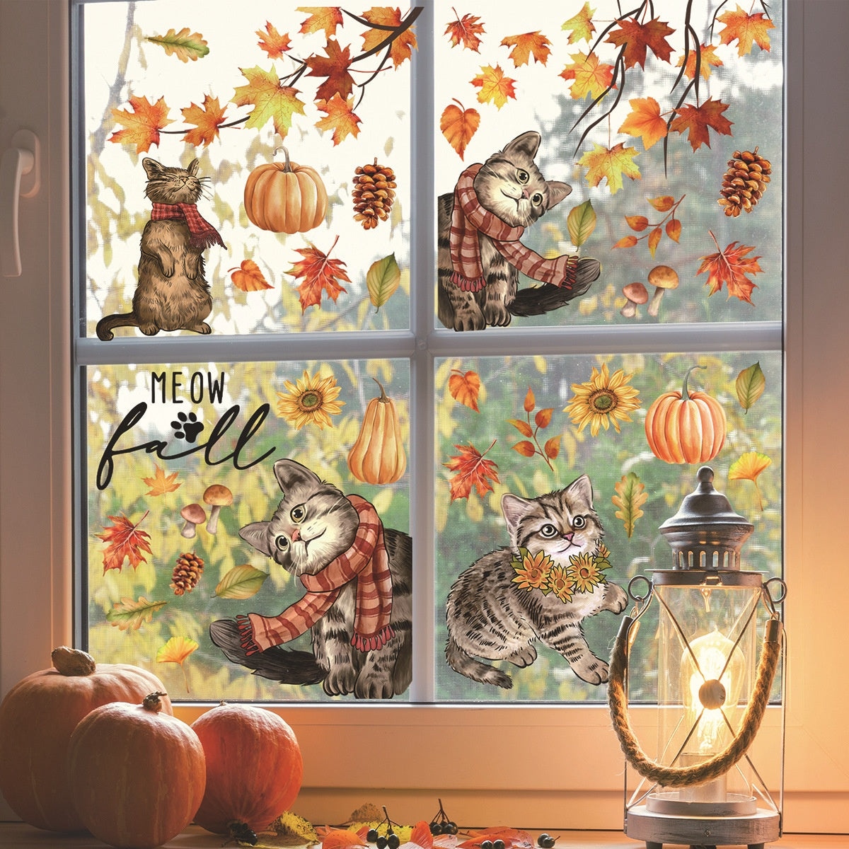 Fall Theme Maple Leaf Cat Pumpkin Window Clings, Static Home Decor Stickers