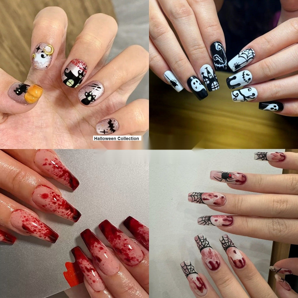 Halloween Long Coffin Press On Nails, White French Blood Drip False Nails Removable