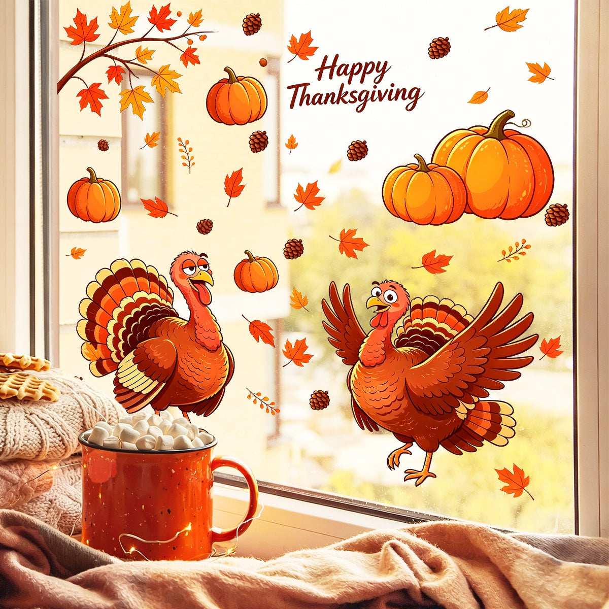 Thanksgiving Cartoon Turkey Window Clings Static Cling Sticker Set Living Room Glass Decorations