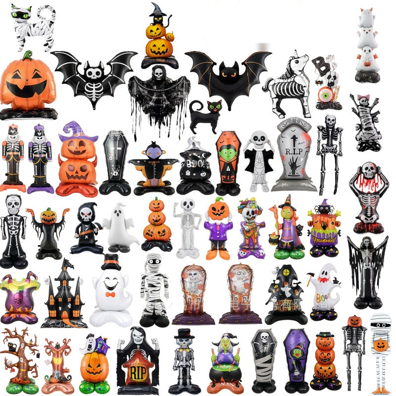 4D Halloween Foil Balloon Stands Set, Ghost Tree Skull Pumpkin Standing Balloon Decorations
