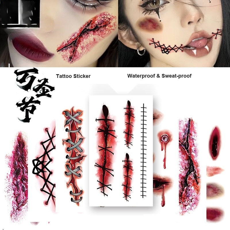 Halloween Wound Scar Temporary Tattoos Face Injury Cut Blood Sticker Waterproof Horror Makeup