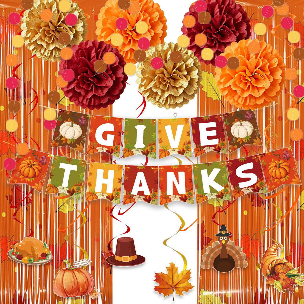Thanksgiving Party Banner Turkey Pumpkin Maple Leaf Sunflower Swirl Foil Curtain Decorations