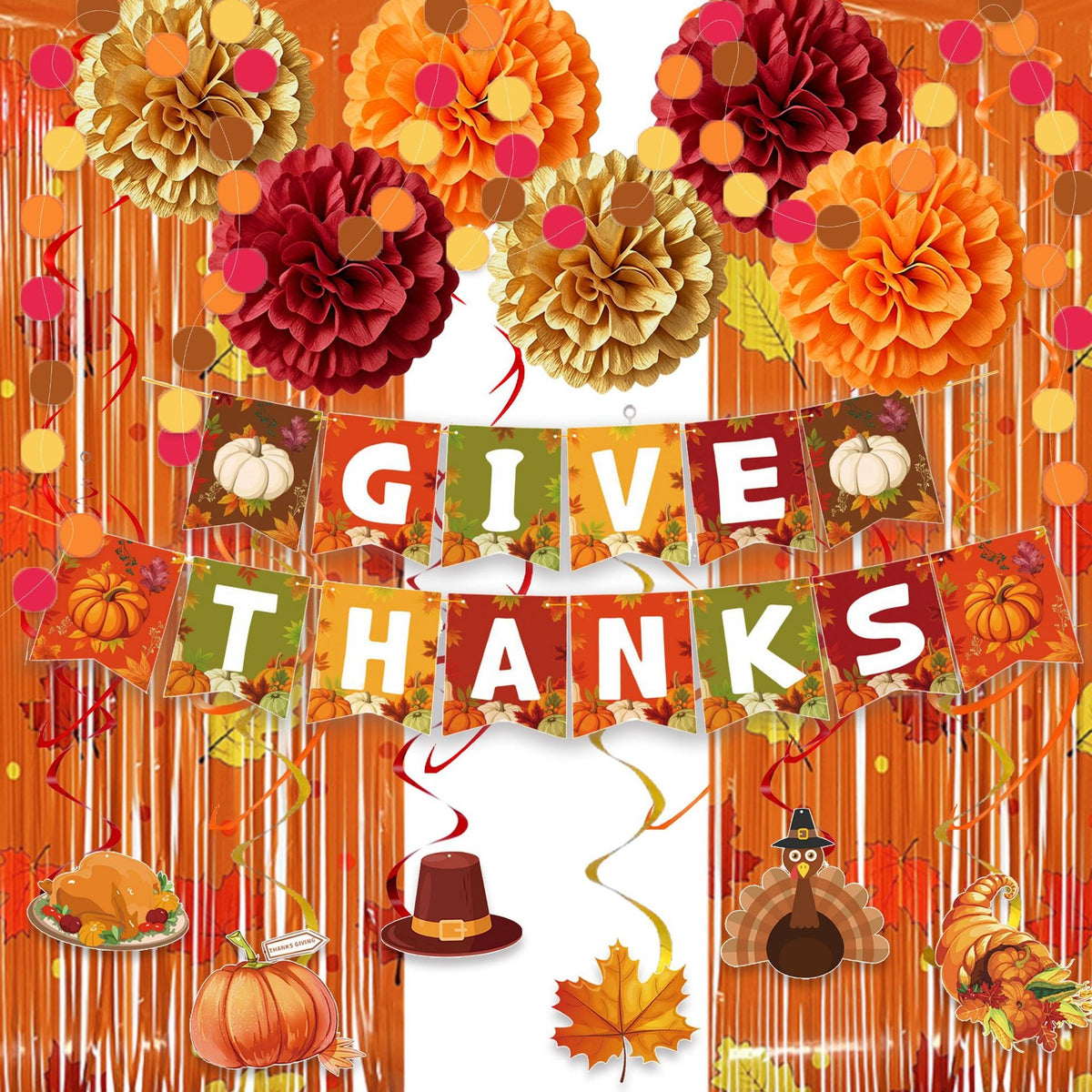 Thanksgiving Party Banner Turkey Pumpkin Maple Leaf Sunflower Swirl Foil Curtain Decorations