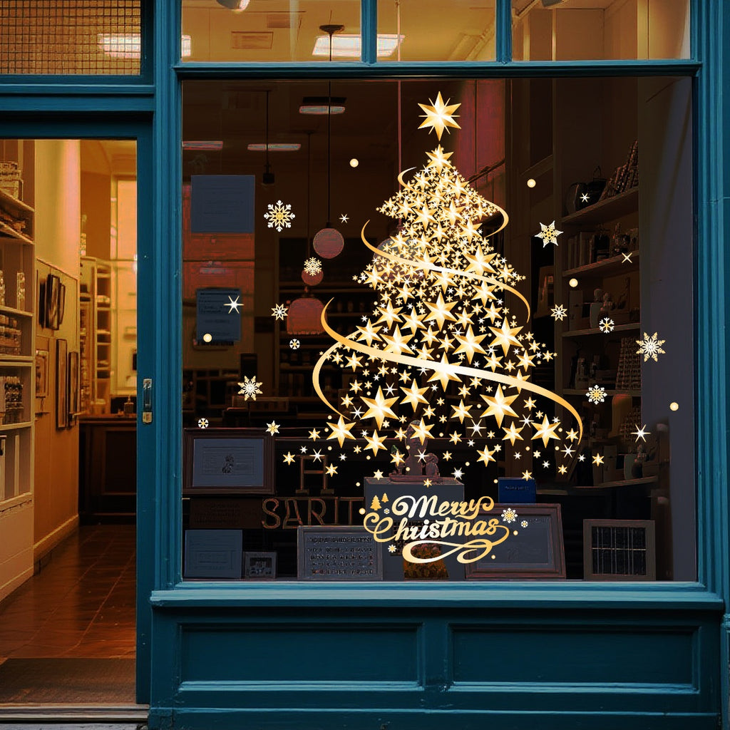 Gold Silver Christmas Tree Snowflake Window Stickers, Static Cling Glass Decals for Storefront