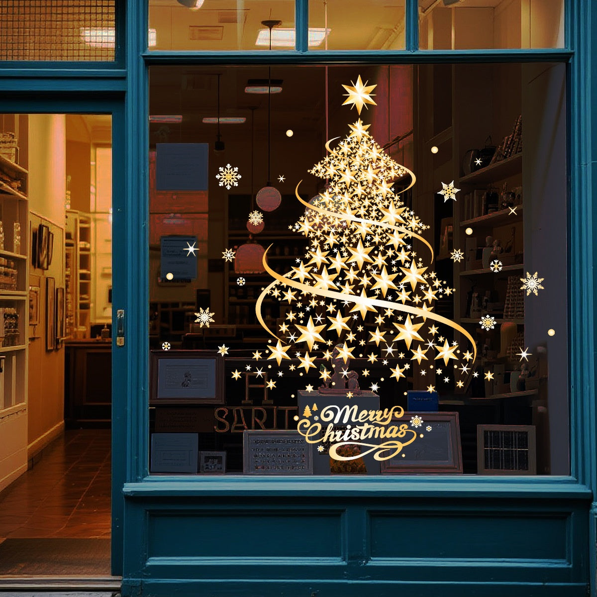 Gold Silver Christmas Tree Snowflake Window Stickers, Static Cling Glass Decals for Storefront