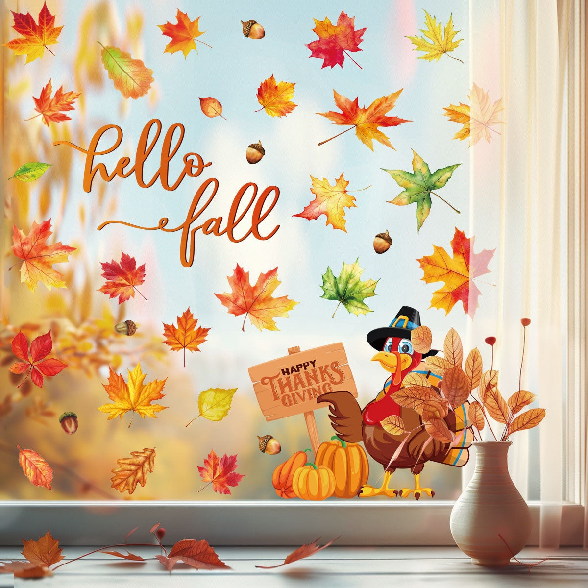 Thanksgiving Turkey Maple Leaf PVC Window Clings Static Sticker Storefront Glass Decor