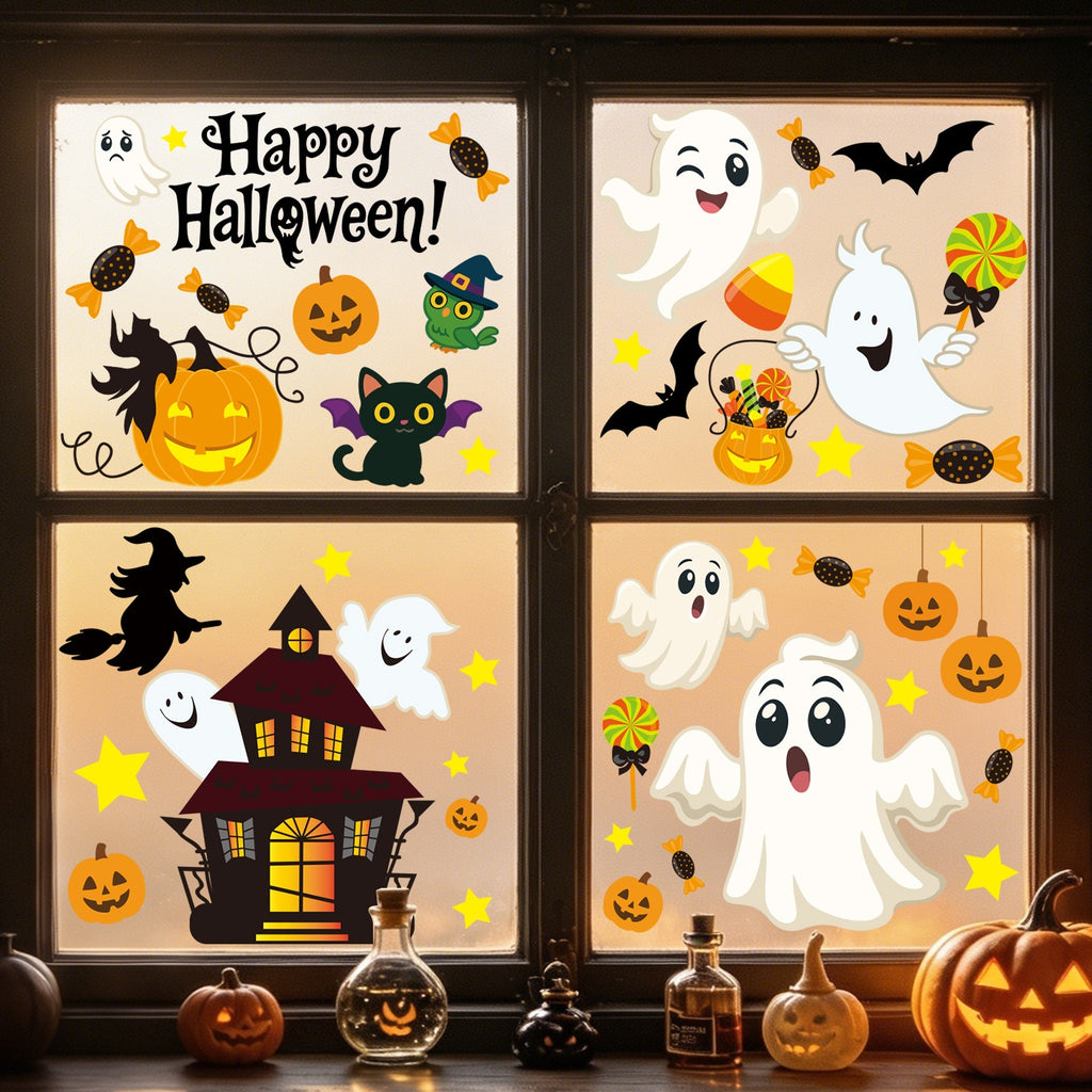 Cute Halloween Ghost Static Window Stickers, Pumpkin Witch Candy Black Cat Glass Decals For Haunted House Decor
