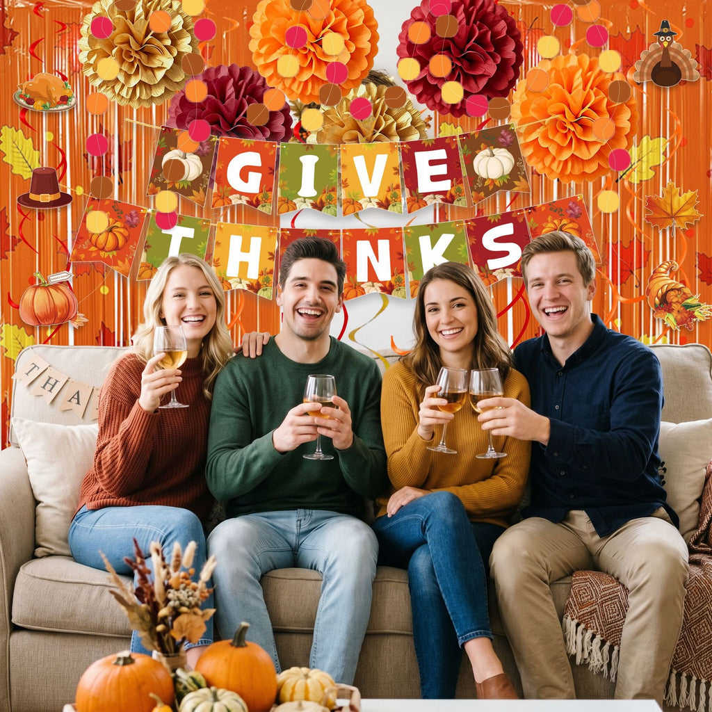 Thanksgiving Party Banner Turkey Pumpkin Maple Leaf Sunflower Swirl Foil Curtain Decorations