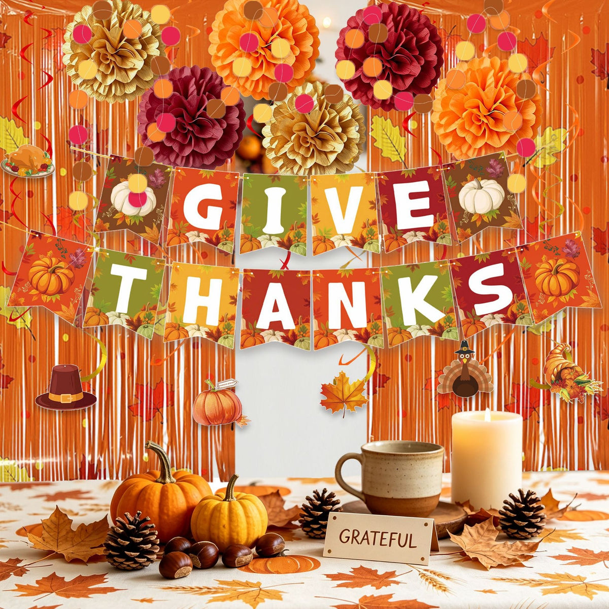 Thanksgiving Party Banner Turkey Pumpkin Maple Leaf Sunflower Swirl Foil Curtain Decorations